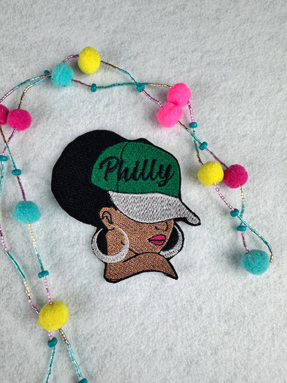 Afro Woman Red Cap Beauty-Embroidery patch with City Names, Gold earrings and red lipstick. 5 different designs 9.97