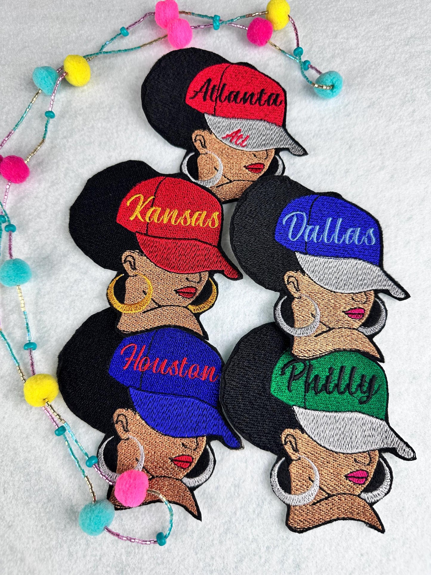 Afro Woman Red Cap Beauty-Embroidery patch with City Names, Gold earrings and red lipstick. 5 different designs 9.97
