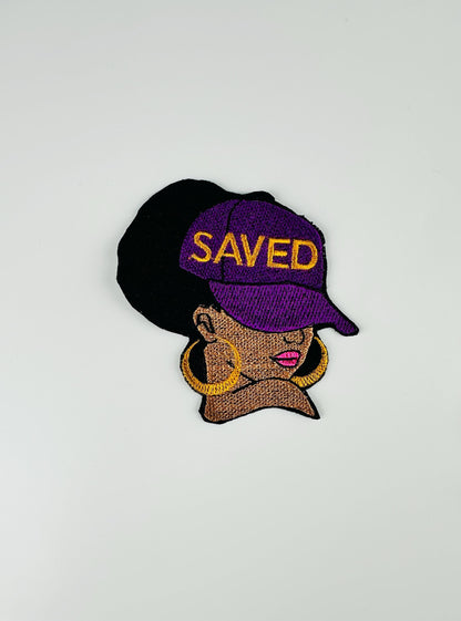 Saved Girl in Ball Cap Embroidery Patch, 3D Black Woman with Purple Cap and Gold Earrings, Christian Faith Sew On Patch for Jackets & Bags