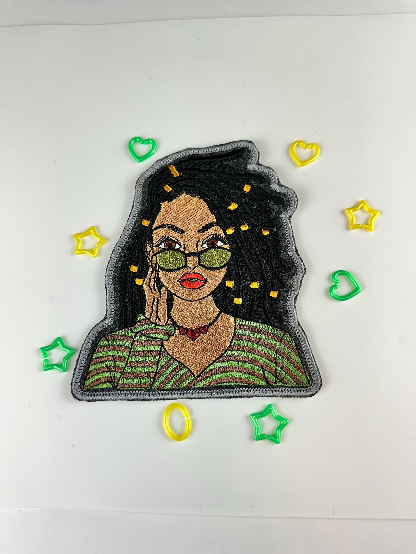 Black Woman Embroidery Patch: Shades, Dreads, Adhesive Backing