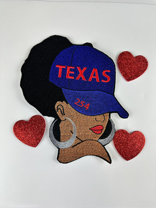 African American Woman Embroidery Patch: Texas 254 Area Code, Red and blue 6"