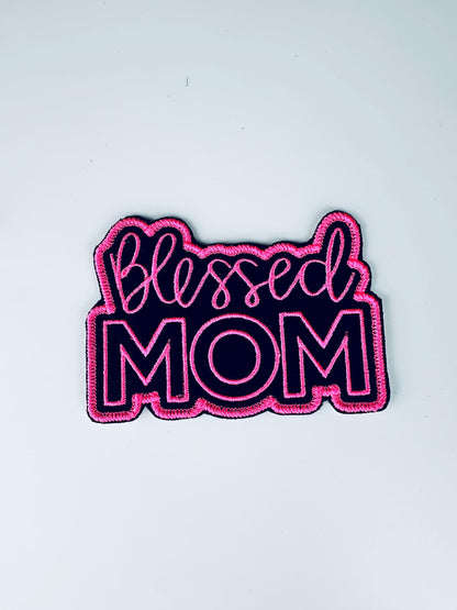 Blessed Mom Embroidery Patch: Sew-On Applique with Adhesive - Pink & Glitter Red