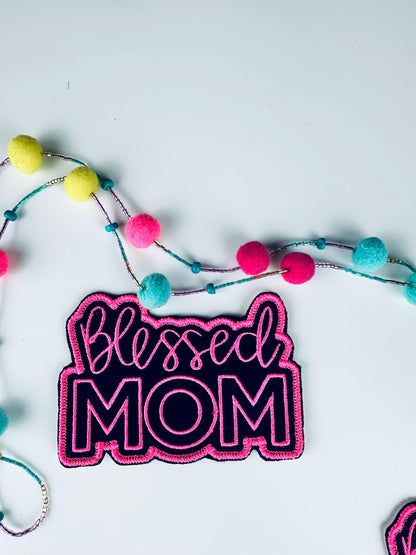 Blessed Mom Embroidery Patch: Sew-On Applique with Adhesive - Pink & Glitter Red