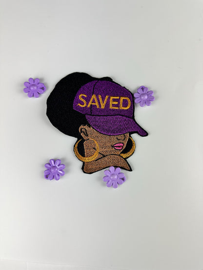 Saved Girl In Ball Cap embroidery patch. Black woman with purple ball cap and gold earrings. Christian faith.   9.98