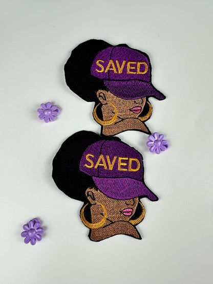 Saved Girl In Ball Cap embroidery patch. Black woman with purple ball cap and gold earrings. Christian faith.   9.98