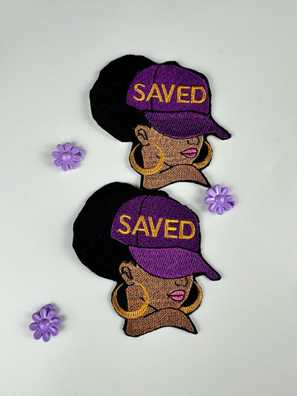 Saved Girl in Ball Cap Embroidery Patch, 3D Black Woman with Purple Cap and Gold Earrings, Christian Faith Sew On Patch for Jackets & Bags