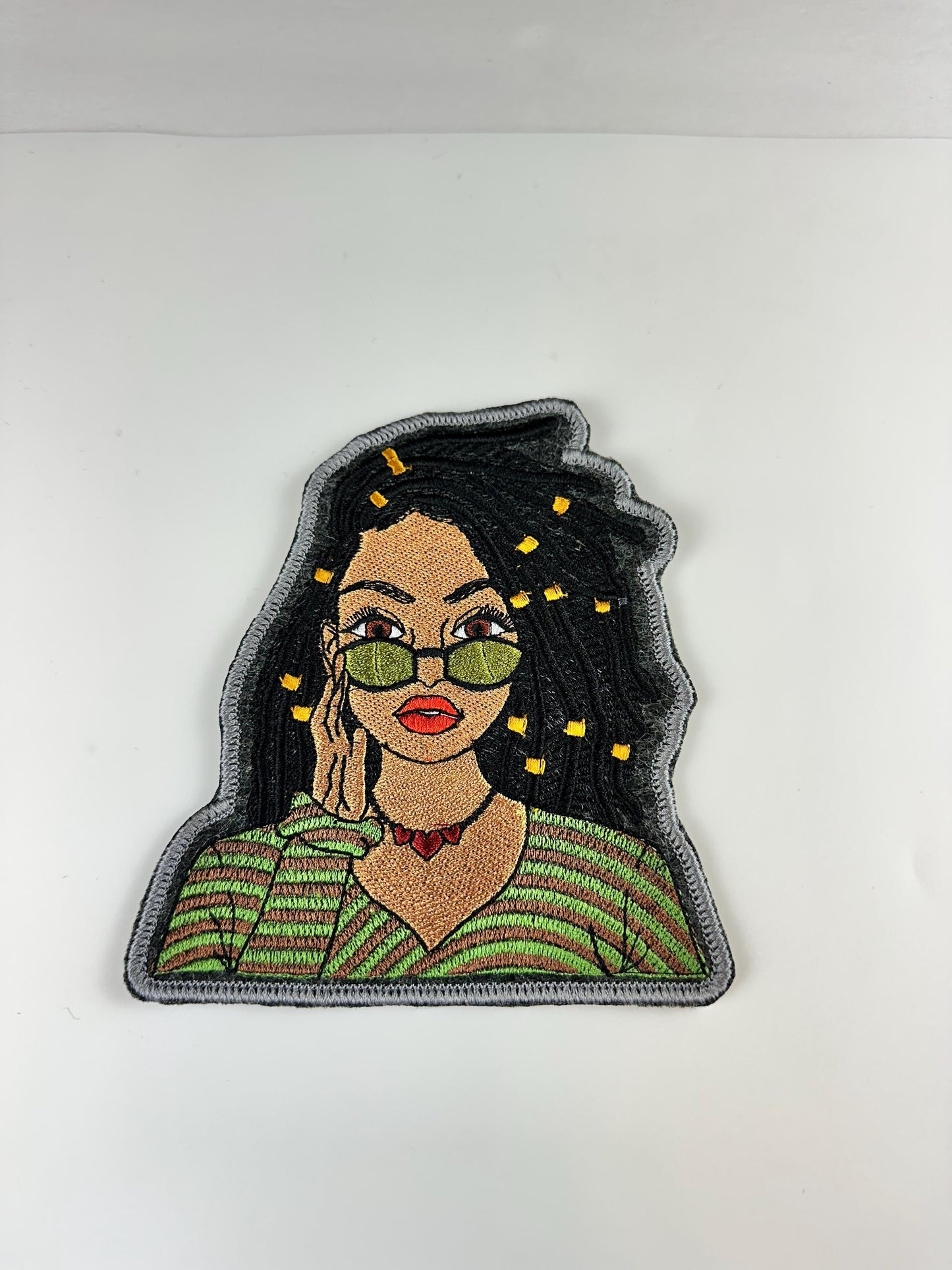 Black Woman Embroidery Patch: Shades, Dreads, Adhesive Backing