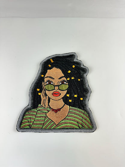Black Woman Embroidery Patch: Shades, Dreads, Adhesive Backing