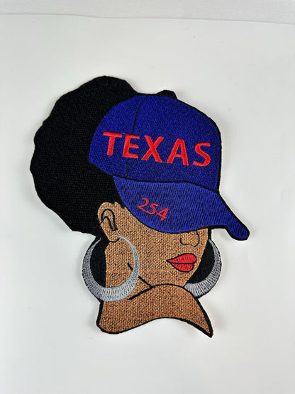 African American Woman Embroidery Patch: Texas 254 Area Code, Red and blue 6"