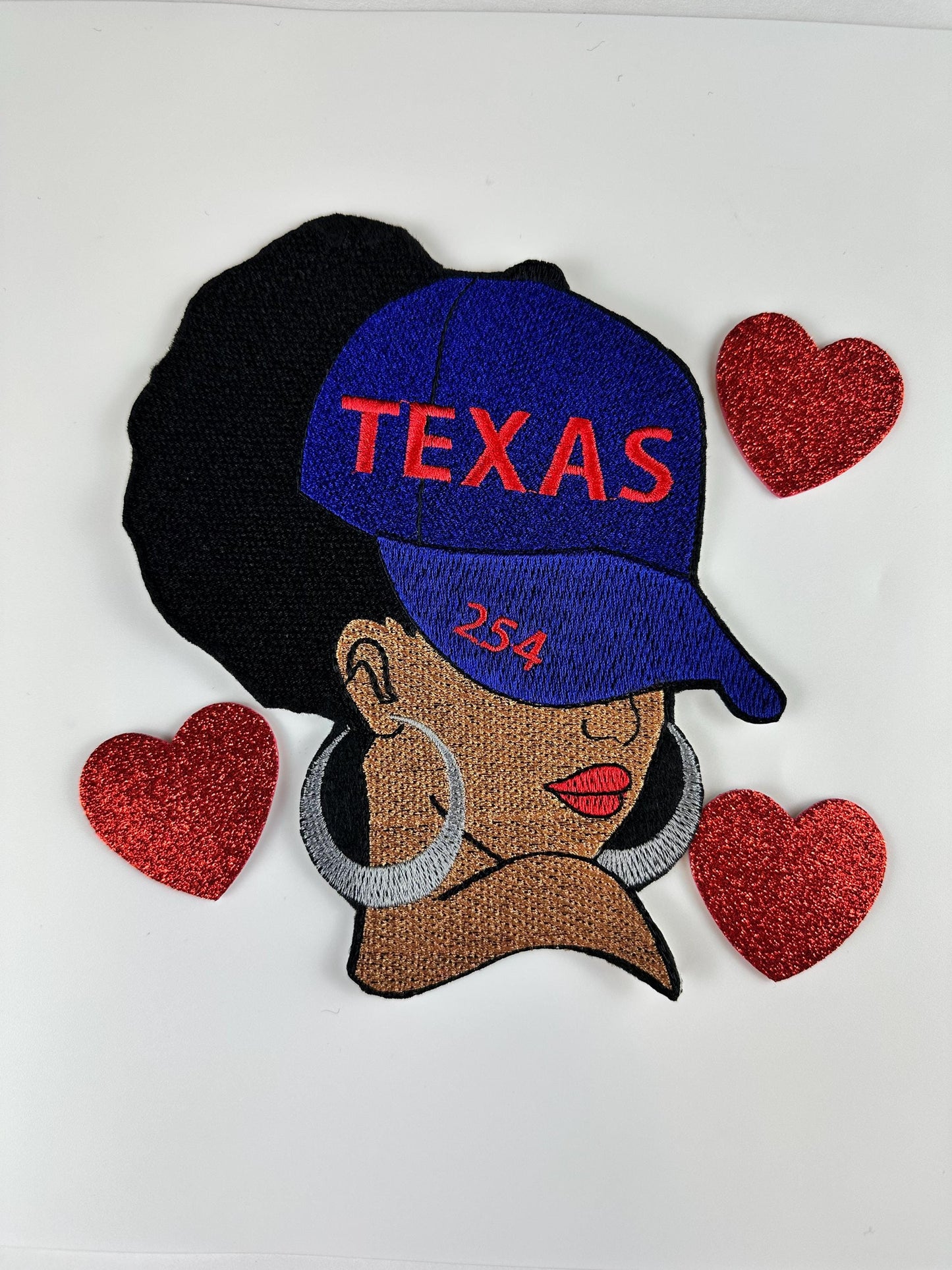 Texas African American Woman Embroidery Patch: Texas 254 Area Code, Red and blue 6"