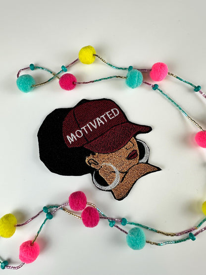 Motivated African American Woman Patch-Burgundy hat embroidery. 3D Black woman patch  9.97