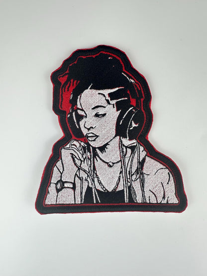 Black Girl Headphones Embroidery Patch-red, black and white colors