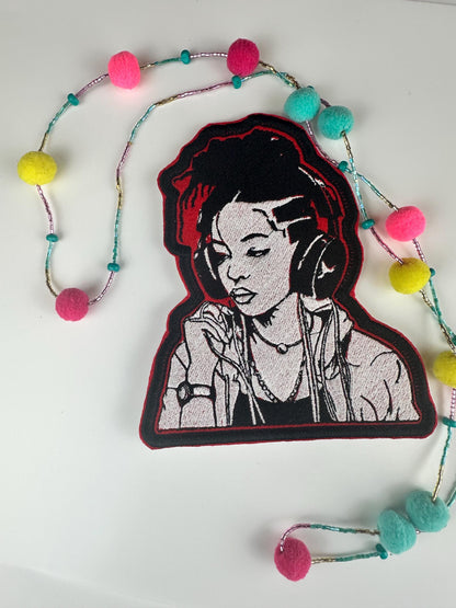 Black Girl Headphones Embroidery Patch-red, black and white colors