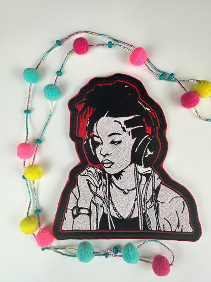 Black Girl Headphones Embroidery Patch-red, black and white colors