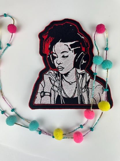Black Girl Headphones Embroidery Patch-red, black and white colors