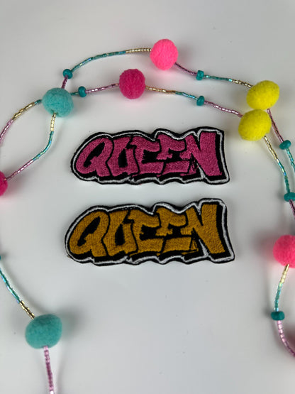 Queen Embroidery Patch SMALL 3 3/8", Colorful Accent for Crocs & More, Bundle of 6 Patches – Red, Purple, Lime, Teal, Gold, Pink