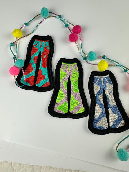 Retro 70s Bell Bottom Pants Embroidery Patch: blue, red green Hippie Disco Style
