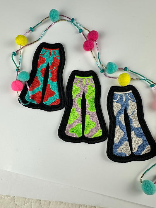 Retro 70s Bell Bottom Pants Embroidery Patch: blue, red green Hippie Disco Style