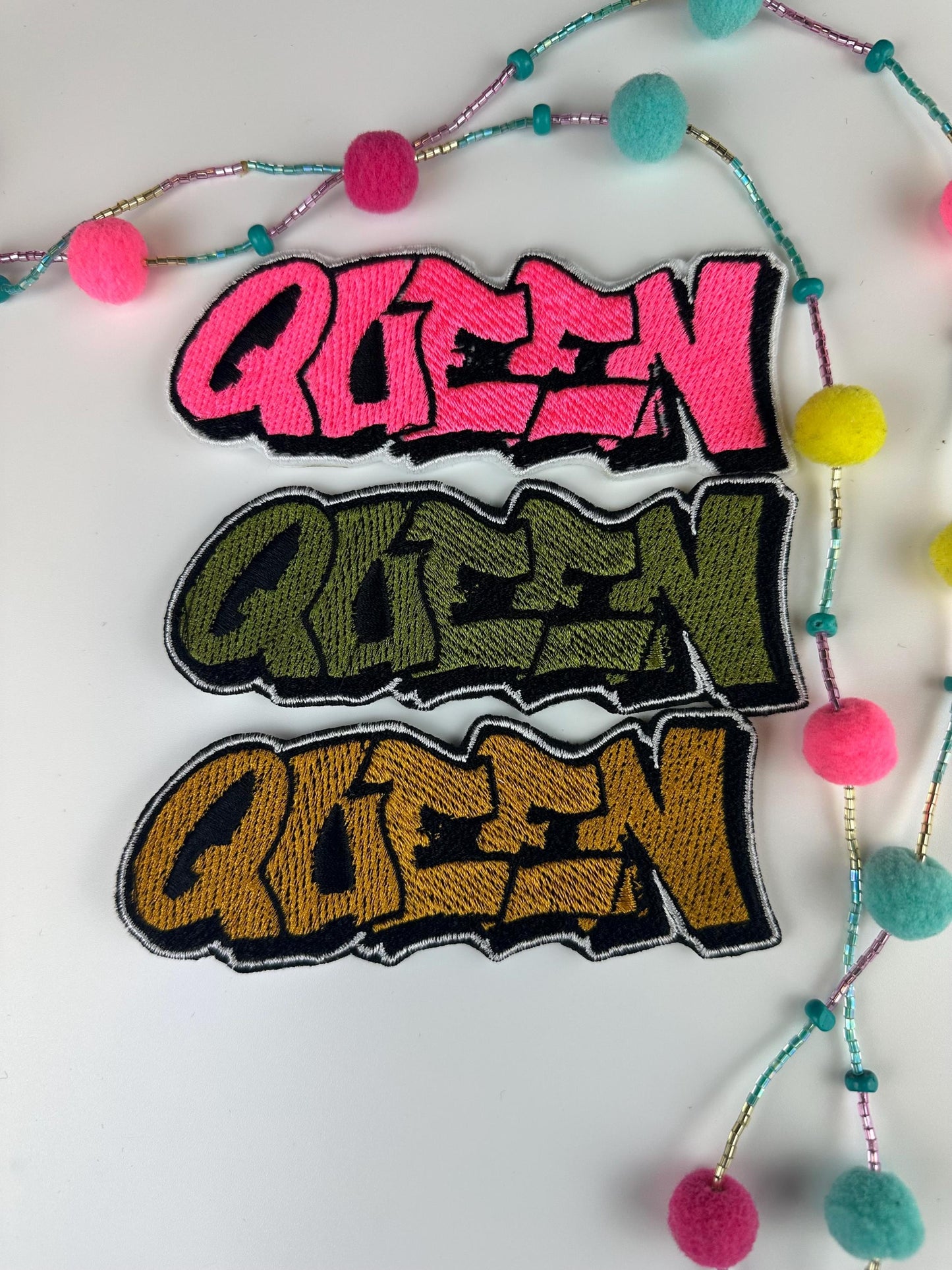 Queen Embroidery Patch-LARGE 4 3/4" Patch-Colorful patches. hot pink, sage green, olive, peach, gold, light blue