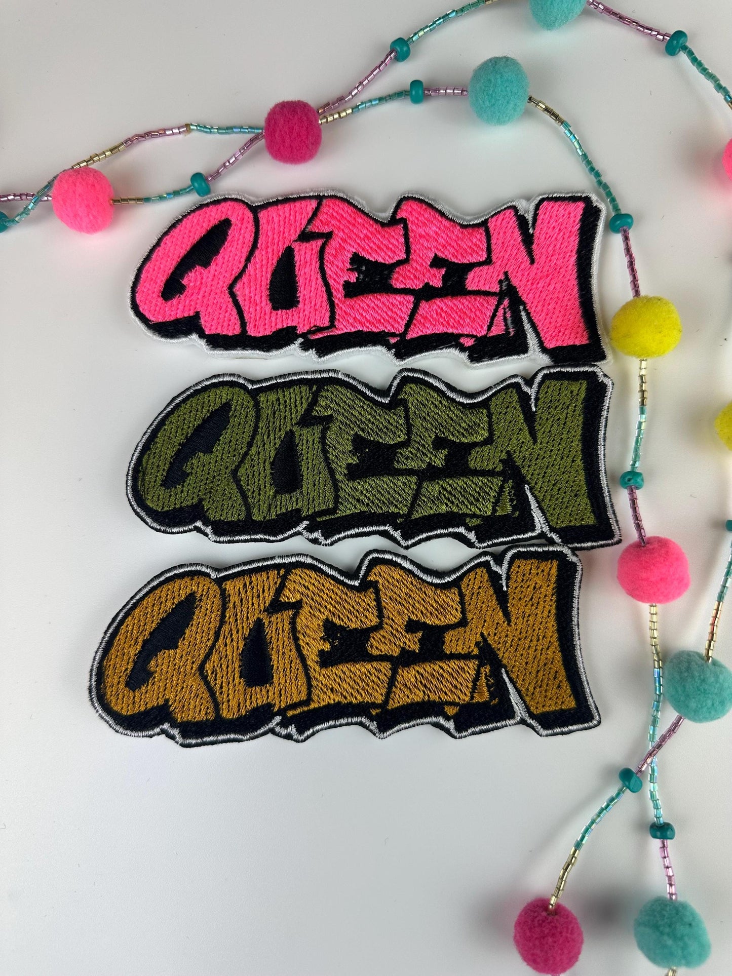 Queen Embroidery Patch LARGE 4 3/4", Colorful Patch in Hot Pink, Sage Green, Olive, Peach, Gold or Light Blue, Sew-On with Iron-On Placement