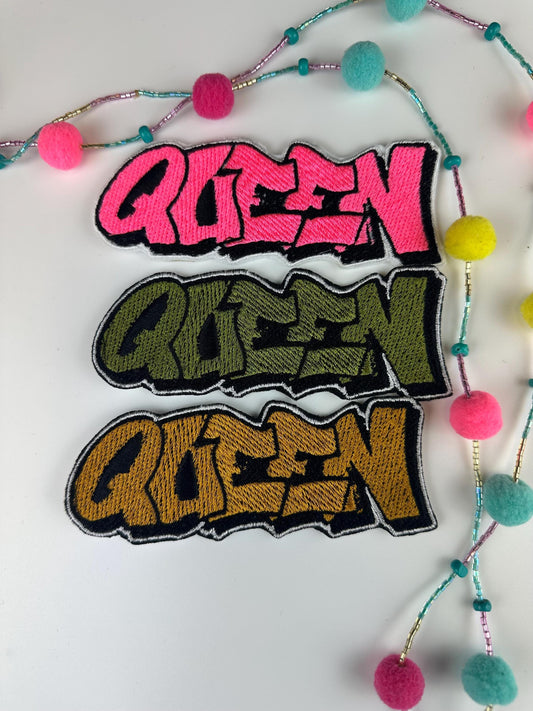 Queen Embroidery Patch LARGE 4 3/4", Colorful Patch in Hot Pink, Sage Green, Olive, Peach, Gold or Light Blue, Sew-On with Iron-On Placement