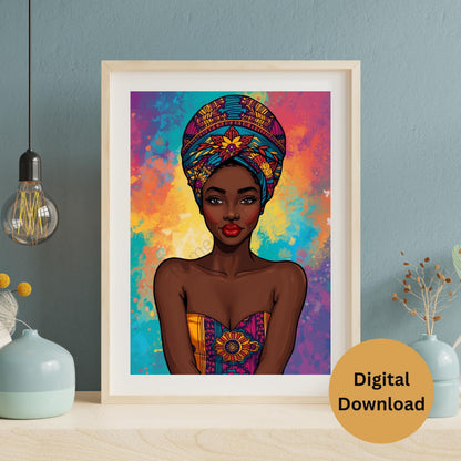 African Woman Digital Art – Colorful Headwrap & Attire, Vibrant Festive Wall Decor