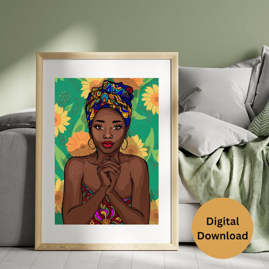 African Woman Headwrap Digital Art – Colorful Attire, Vibrant Festive Wall Decor-Office Decor