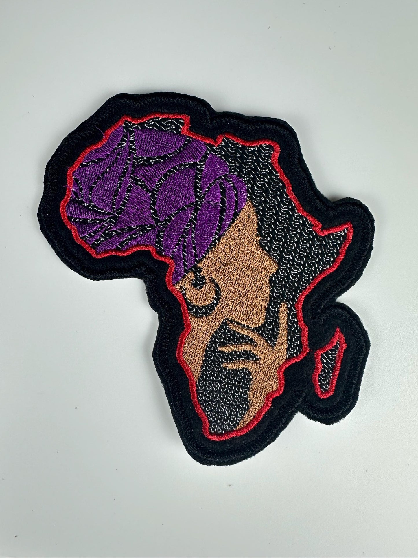 African Pride Patch – Africa Shape Embroidery Patch with Woman in Turban, Red Purple Black Purple Orange and Hot Pink Colors