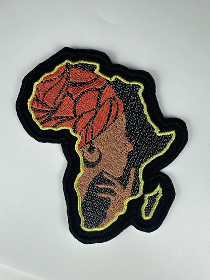 African Pride Patch – Africa Shape Embroidery Patch with Woman in Turban, Red Purple Black Purple Orange and Hot Pink Colors