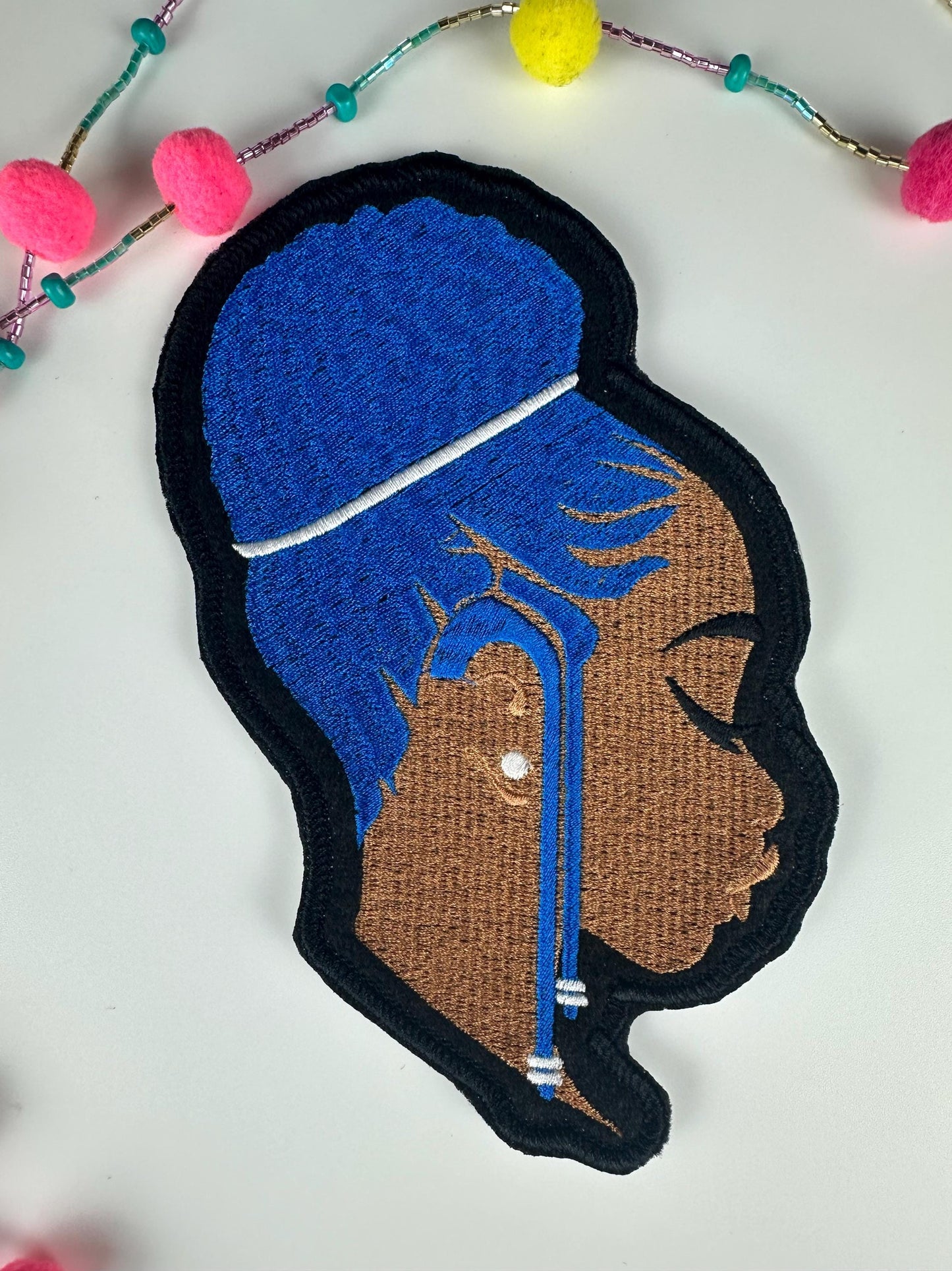 Braided Beauty Patch – Black Woman Embroidery Patch with Braids Updo, Royal Blue & Hot Pink Hair, Afrocentric Sew on Patch