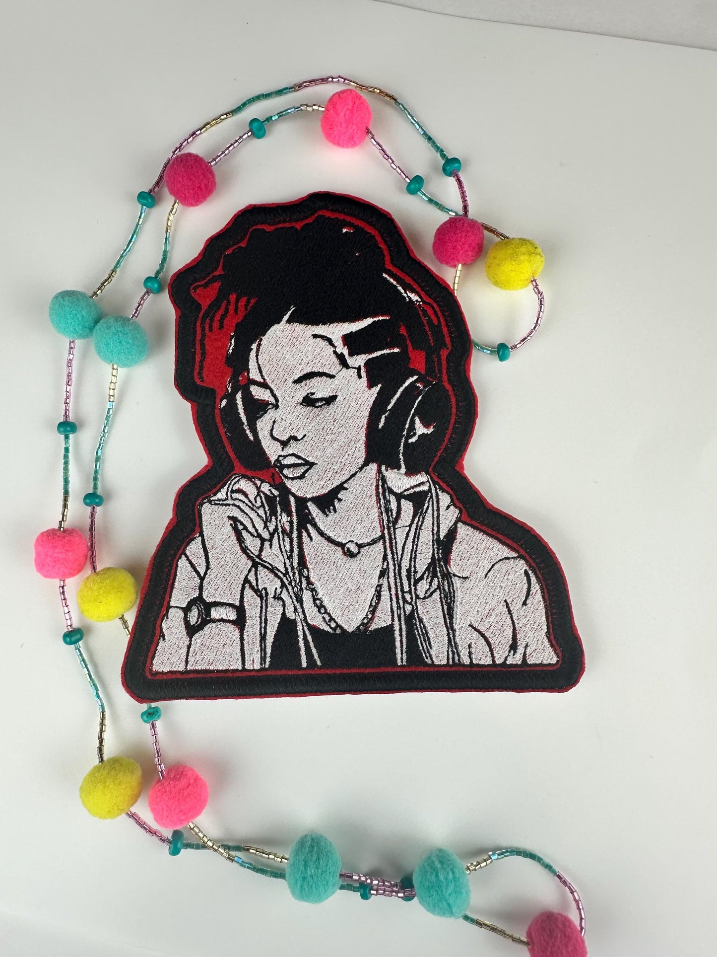 Black Girl Headphones Embroidery Patch-red, black and white colors