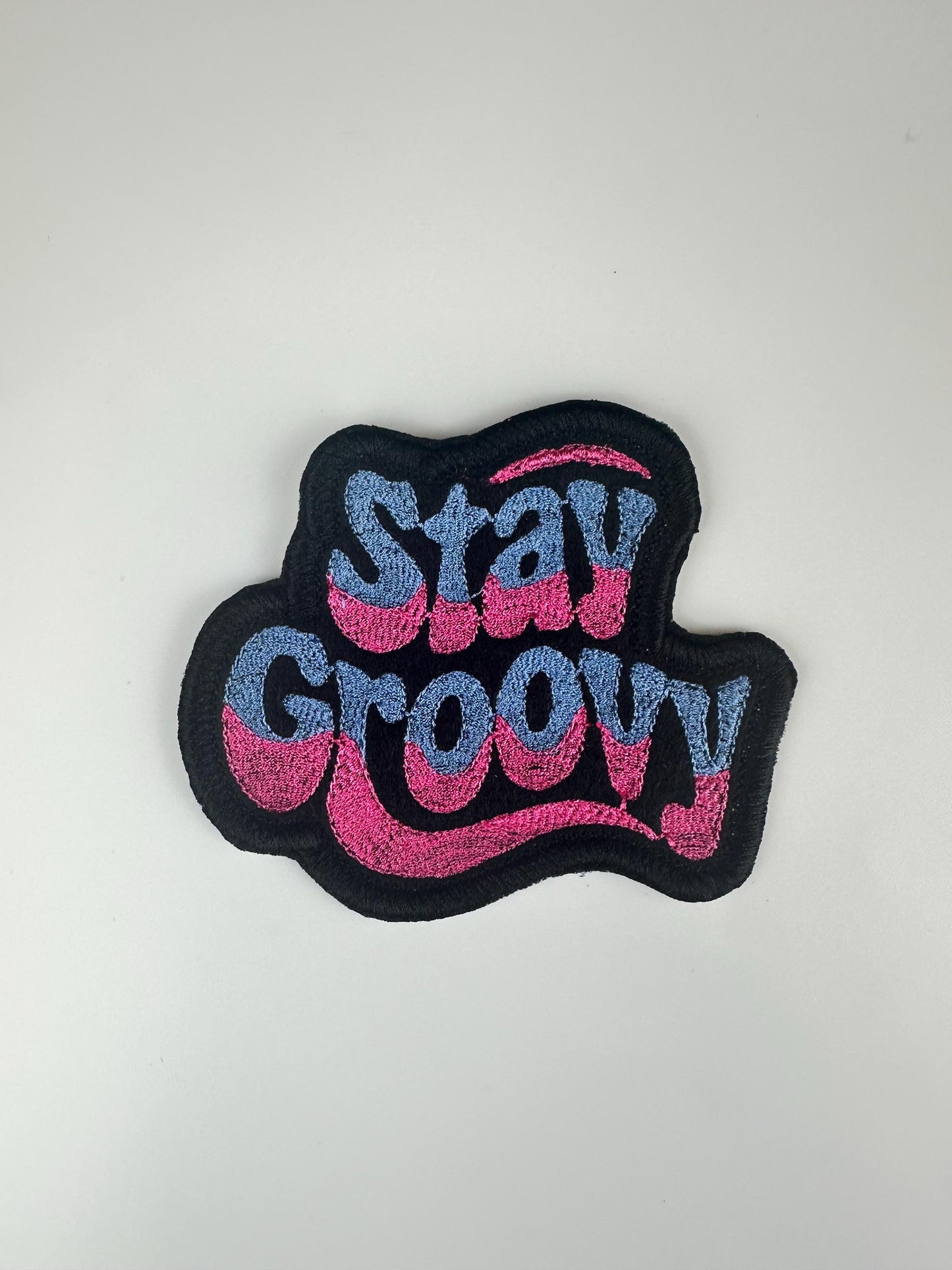 Retro "Stay Groovy"  3 1/4" Embroidery Patch-Denim and pink with Black satin border