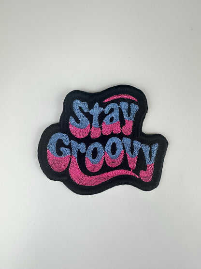 Retro "Stay Groovy"  3 1/4" Embroidery Patch-Denim and pink with Black satin border