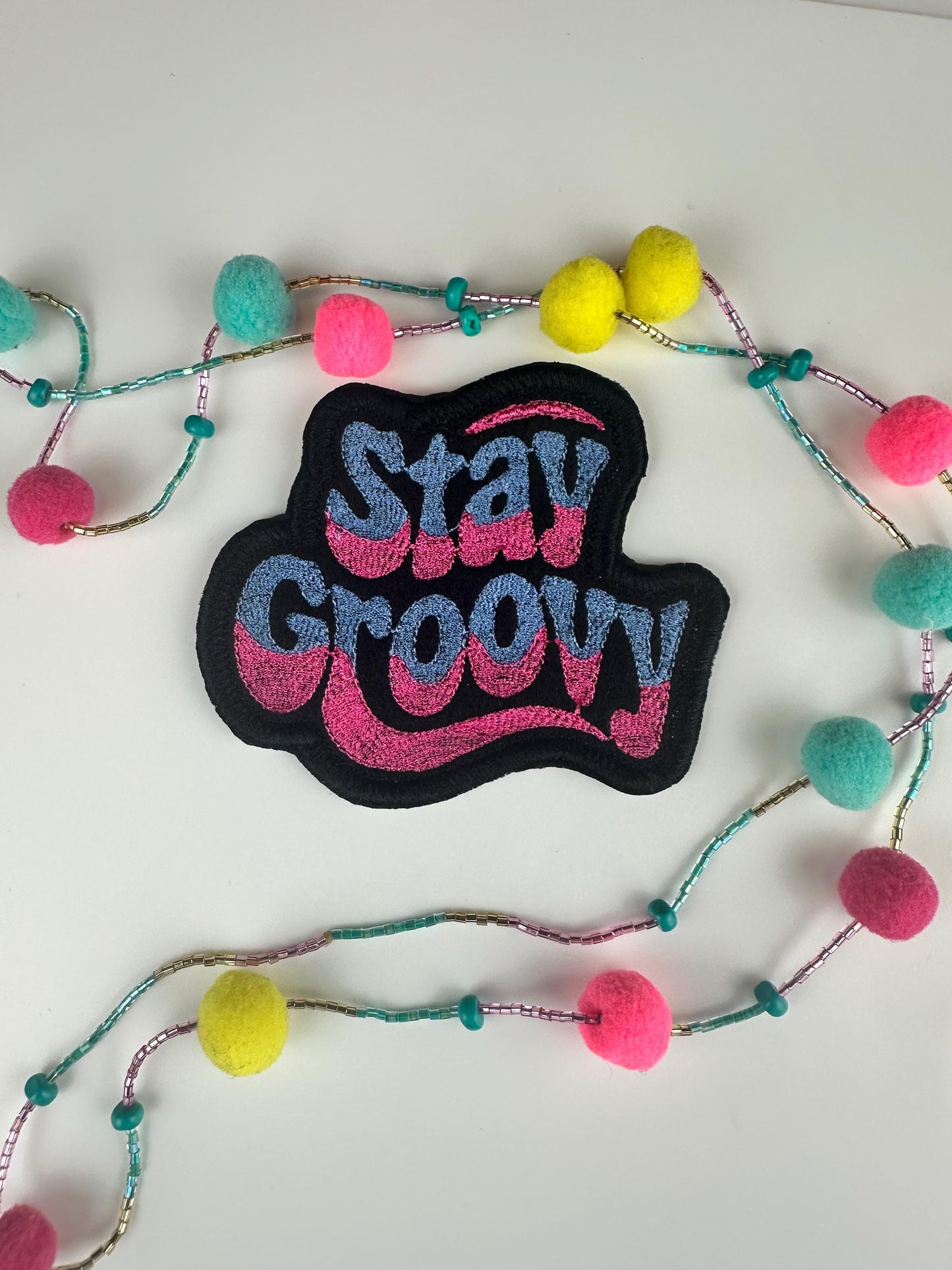 Retro "Stay Groovy"  3 1/4" Embroidery Patch-Denim and pink with Black satin border