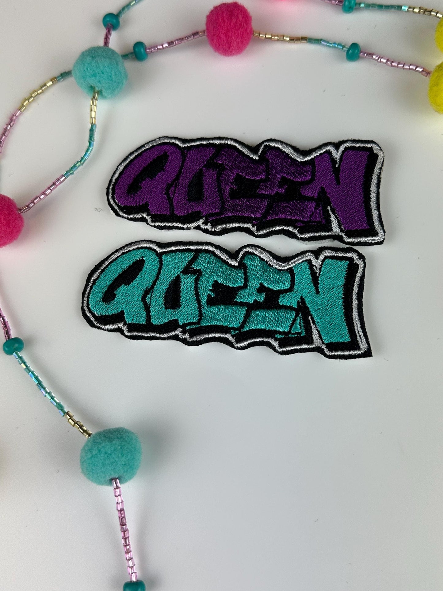 Queen Embroidery Patch SMALL 3 3/8", Colorful Accent for Crocs & More, Bundle of 6 Patches – Red, Purple, Lime, Teal, Gold, Pink