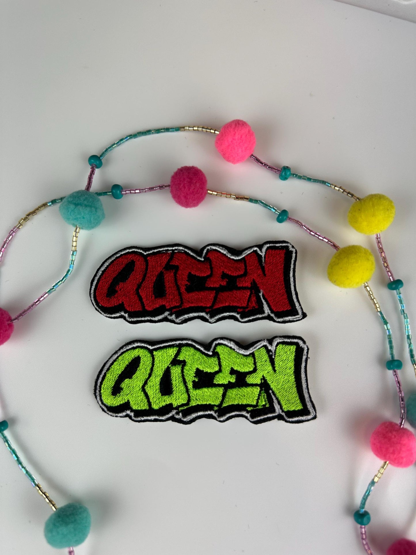 Queen Embroidery Patch SMALL 3 3/8", Colorful Accent for Crocs & More, Bundle of 6 Patches – Red, Purple, Lime, Teal, Gold, Pink