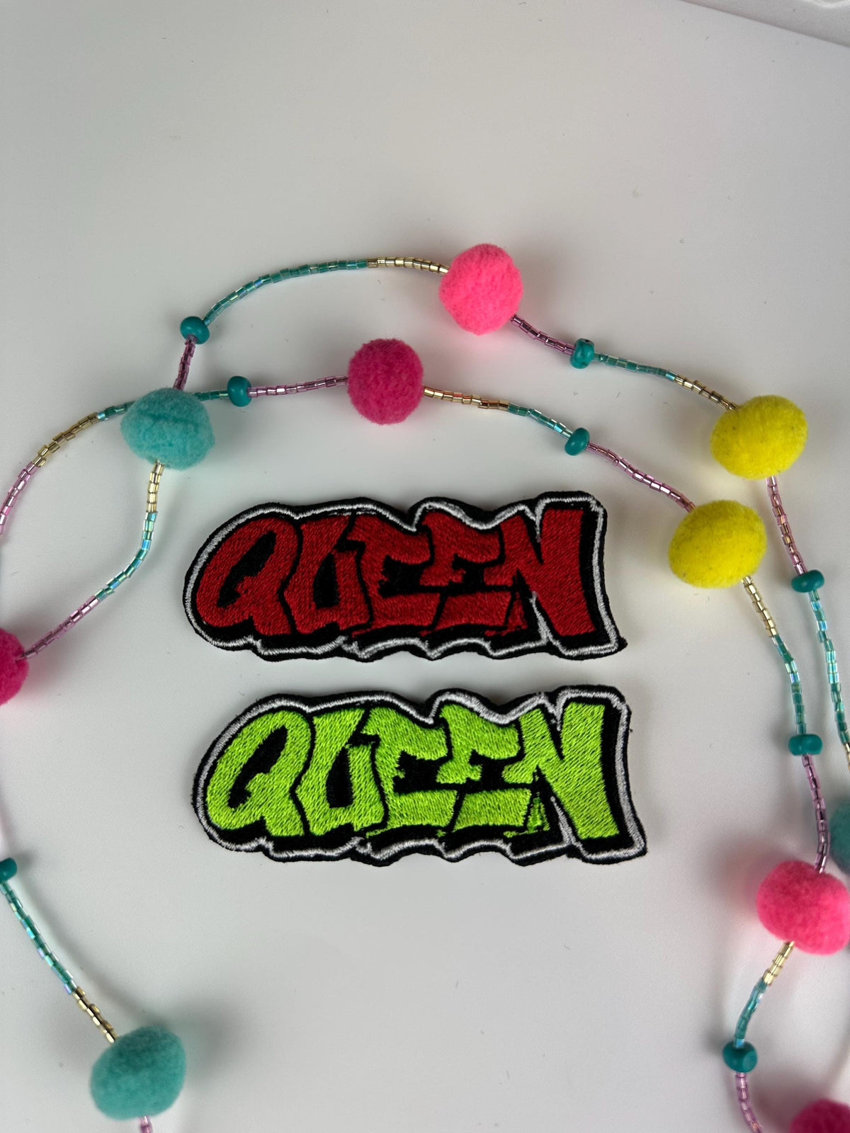 Queen Embroidery Patch SMALL 3 3/8", Colorful Accent for Crocs & More, Bundle of 6 Patches – Red, Purple, Lime, Teal, Gold, Pink