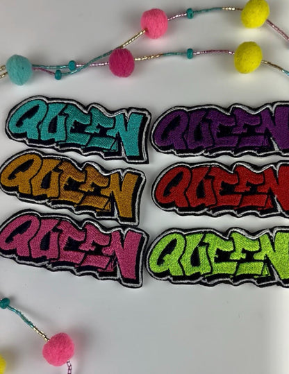 Queen Embroidery Patch SMALL 3 3/8", Colorful Accent for Crocs & More, Bundle of 6 Patches – Red, Purple, Lime, Teal, Gold, Pink