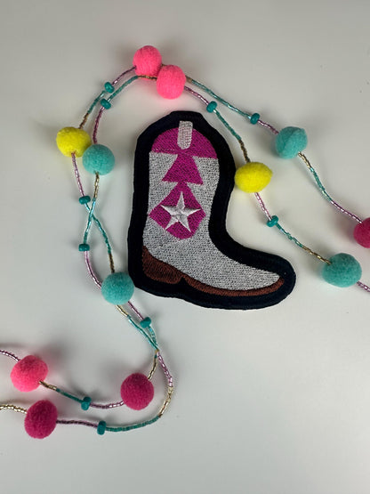 Cowgirl Boot & Hat Embroidery Patch Set 0f "2" Pink and White Western Patches with Black Border–Cowgirl Outfit Decor.