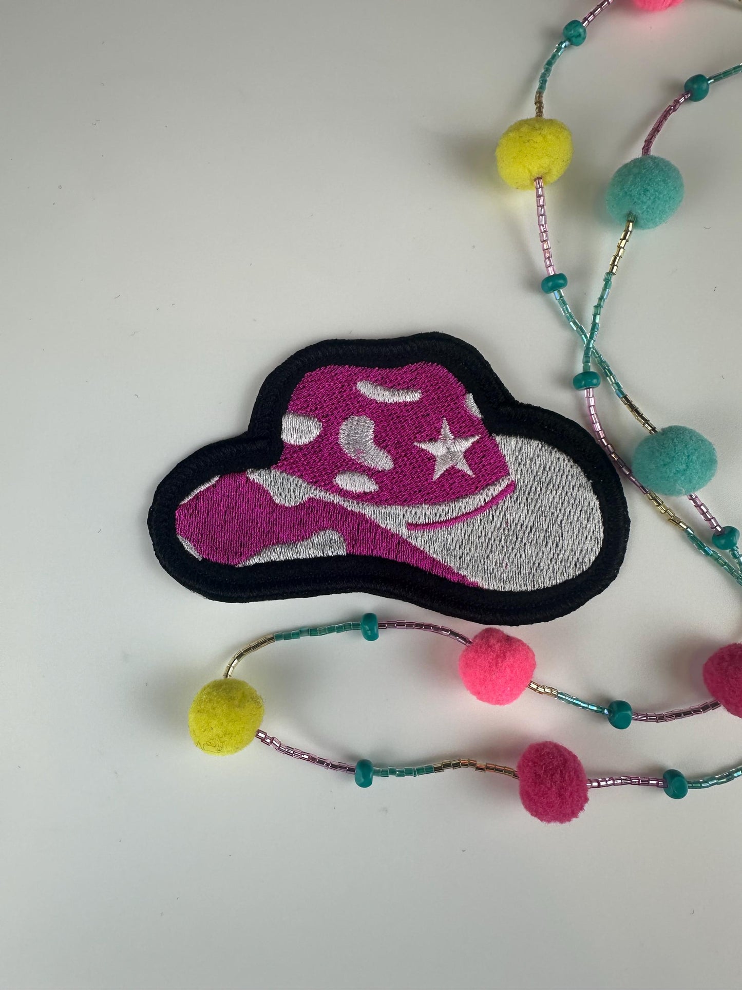Cowgirl Boot & Hat Embroidery Patch Set 0f "2" Pink and White Western Patches with Black Border–Cowgirl Outfit Decor.
