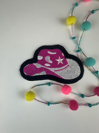 Cowgirl Boot & Hat Embroidery Patch Set 0f "2" Pink and White Western Patches with Black Border–Cowgirl Outfit Decor.