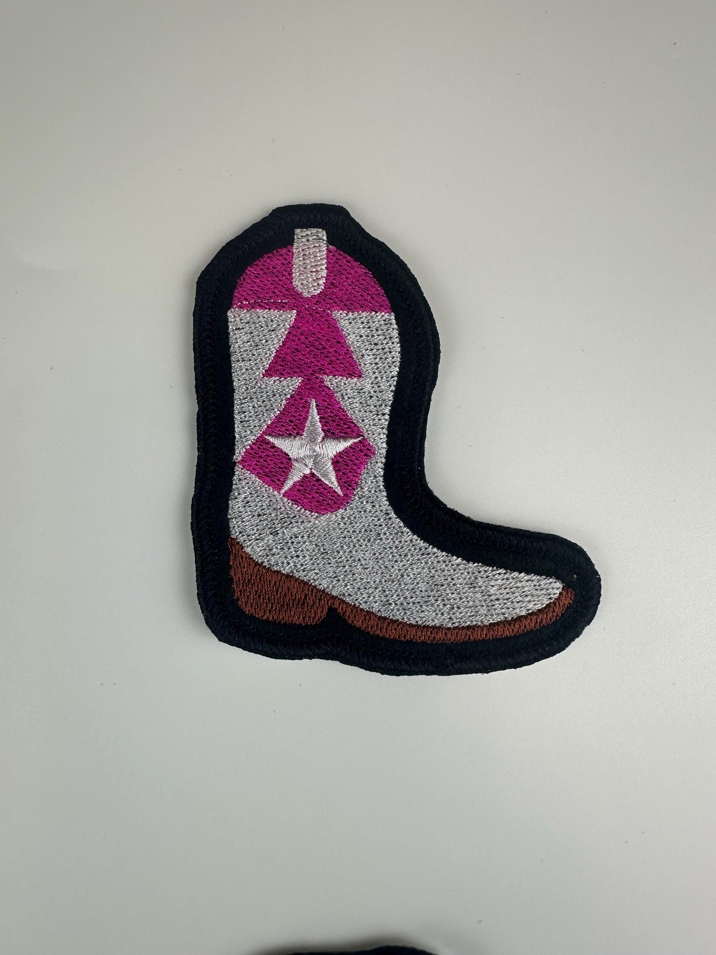 Cowgirl Boot & Hat Embroidery Patch Set 0f "2" Pink and White Western Patches with Black Border–Cowgirl Outfit Decor.
