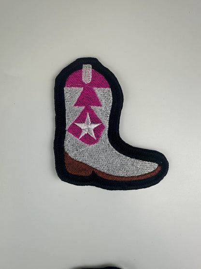Cowgirl Boot & Hat Embroidery Patch Set 0f "2" Pink and White Western Patches with Black Border–Cowgirl Outfit Decor.