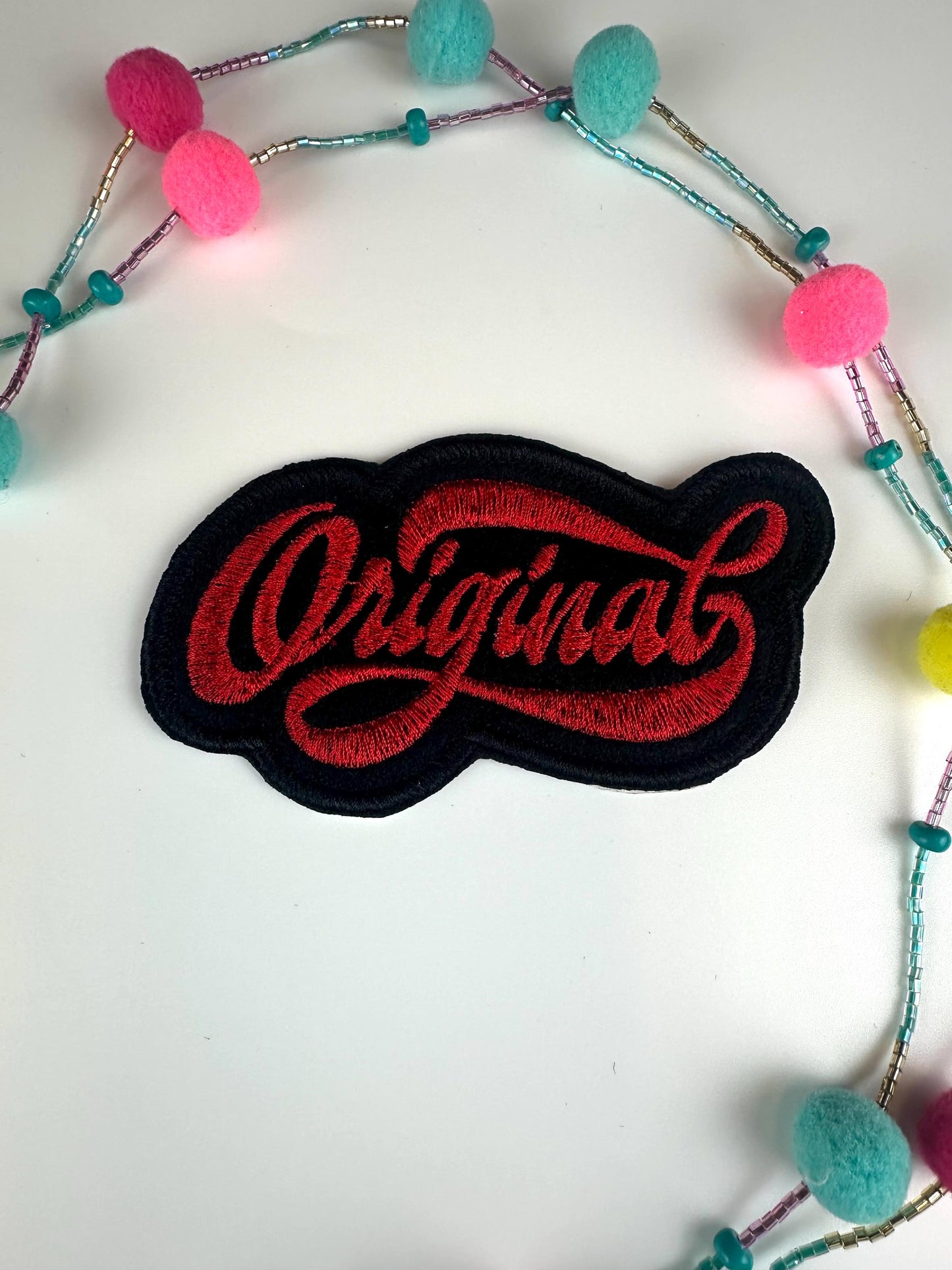 Original Embroidery Patch | Red, Gold & Light Blue Design | Black Satin Border |