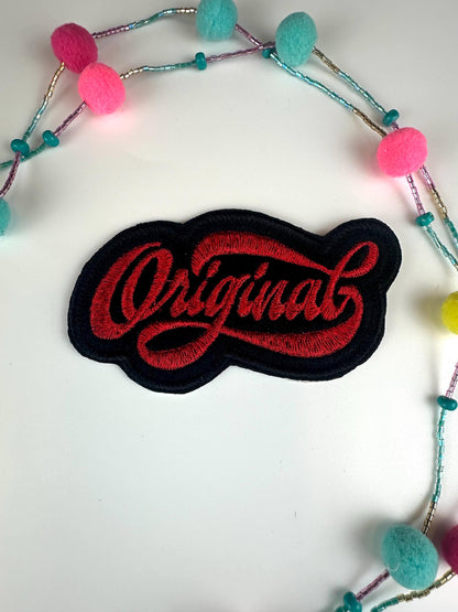 Original Embroidery Patch | Red, Gold & Light Blue Design | Black Satin Border |