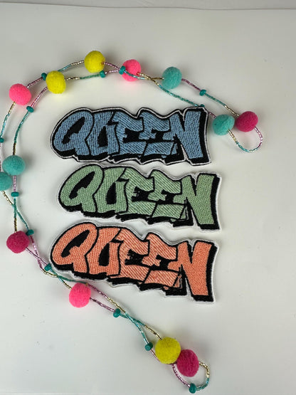 Queen Embroidery Patch LARGE 4 3/4", Colorful Patch in Hot Pink, Sage Green, Olive, Peach, Gold or Light Blue, Sew-On with Iron-On Placement