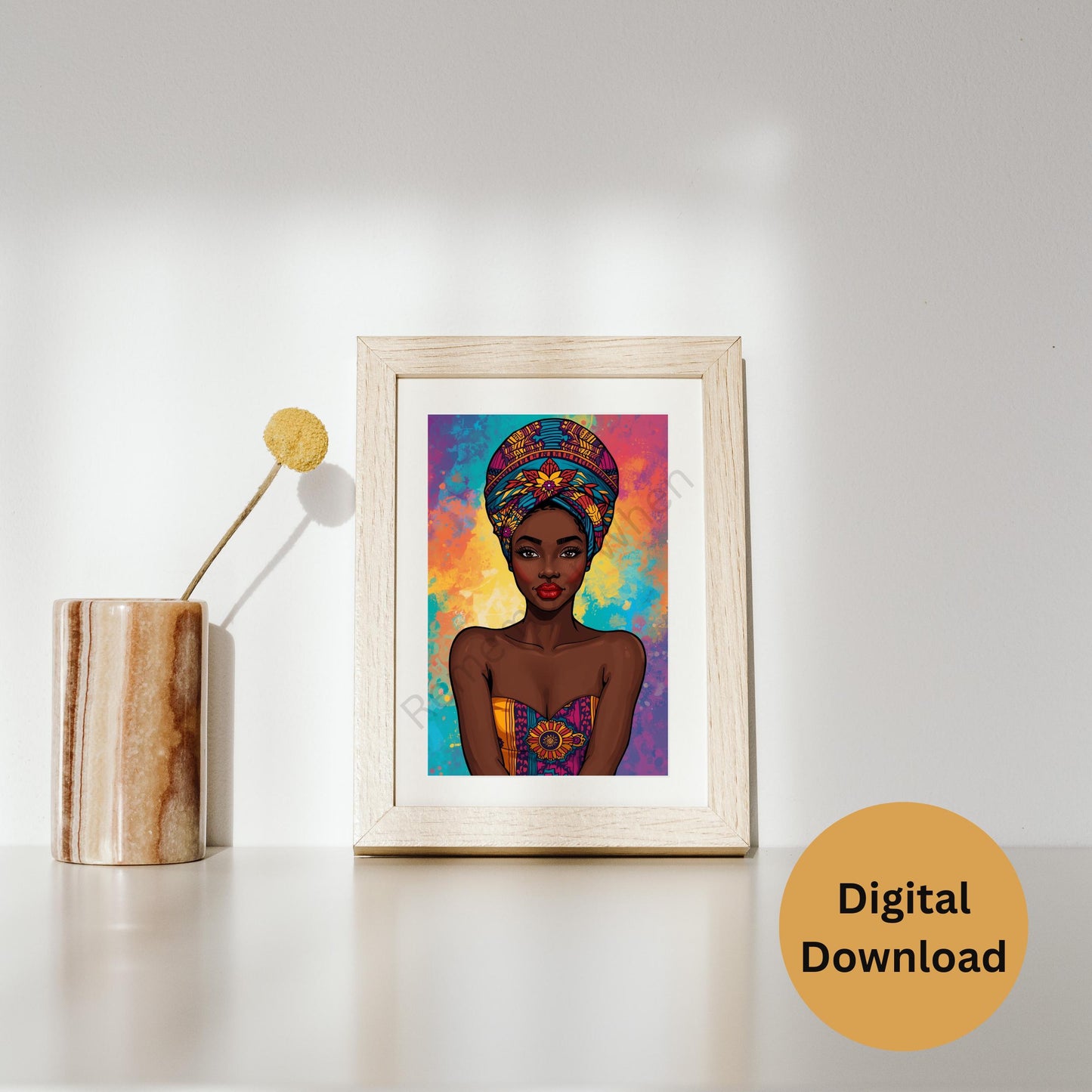 African Woman Digital Art – Colorful Headwrap & Attire, Vibrant Festive Wall Decor