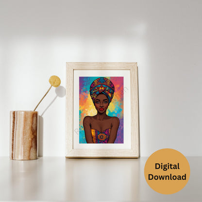 African Woman Digital Art – Colorful Headwrap & Attire, Vibrant Festive Wall Decor