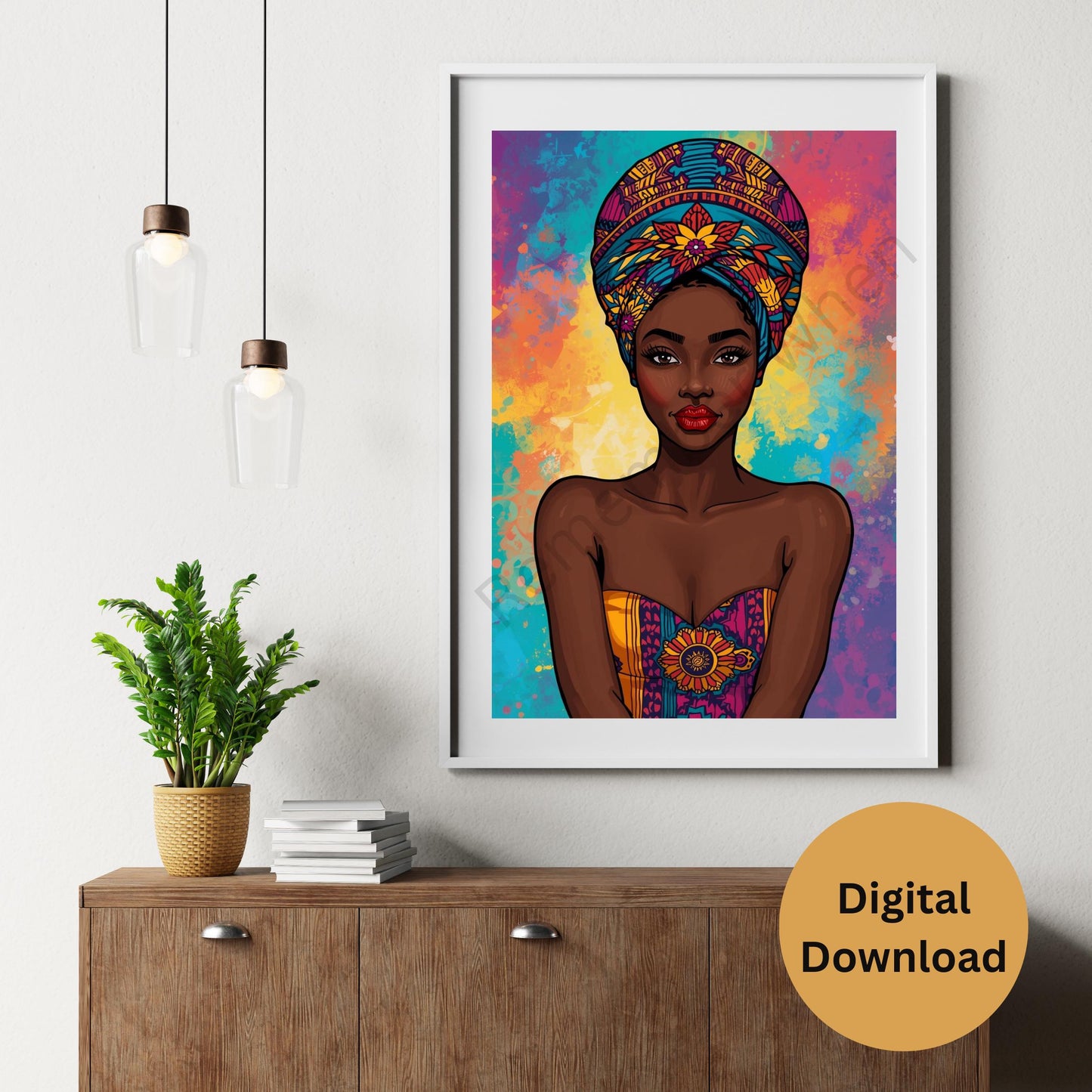 African Woman Digital Art – Colorful Headwrap & Attire, Vibrant Festive Wall Decor