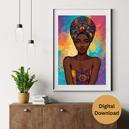 African Woman Digital Art – Colorful Headwrap & Attire, Vibrant Festive Wall Decor